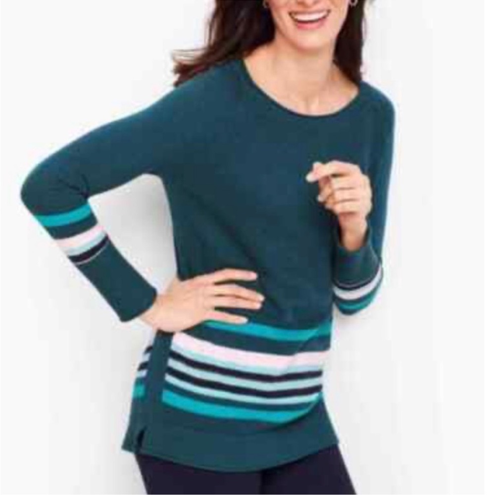 T by Talbots Lightweight Striped Teal Sweater